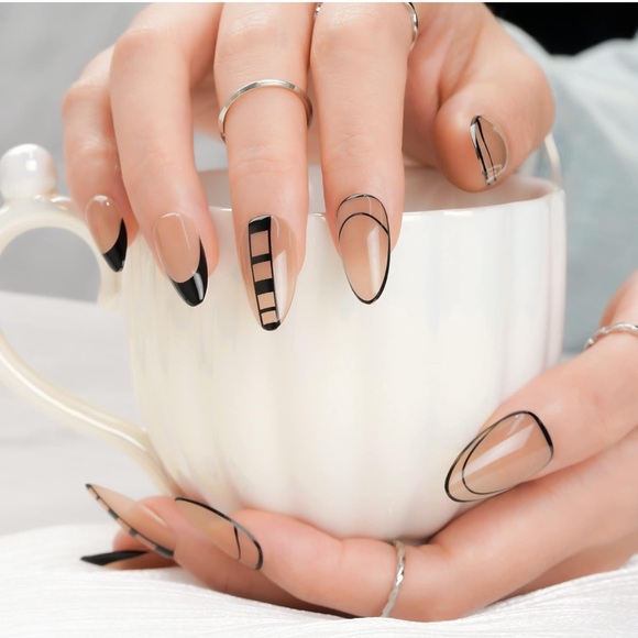 BUNDLE ANY 3 FOR $25 Abstract Design Black/Nude color - Press on Gel Nails 💅 - Picture 2 of 6